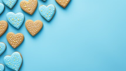 blue sugar glazed heart shaped cookies on the studio background, close up view, valentines day background