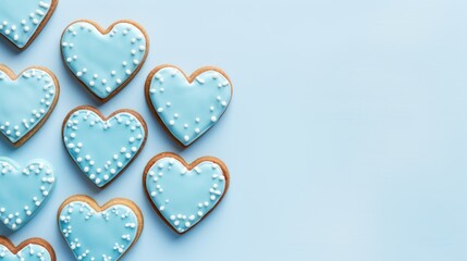 Fototapeta premium blue sugar glazed heart shaped cookies on the studio background, close up view, valentines day background