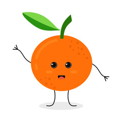 Cute funny cartoon tangerine friendly waving hello. Vector flat illustration isolated on white background.