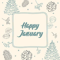 Winter banner with tree, walnut, cone, berries Happy January on gentle background vector template calendar
