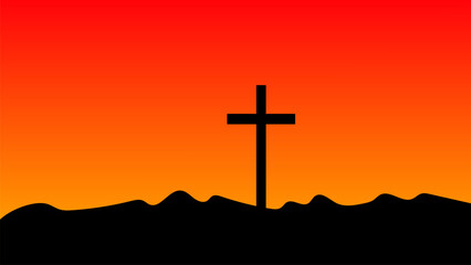 Silhouette of Wooden Cross At Red and Yellow Sunrise Sky Background