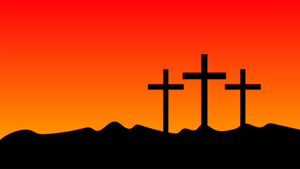 Silhouette of Three Wooden Crosses At Red and Yellow Sunrise Sky Background 