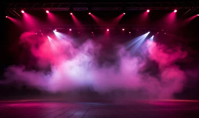 Fotobehang Dramatic concert stage with spotlights and laser lighting show and atmospheric smoke © ink drop