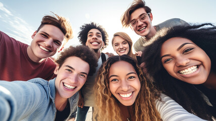 Obraz premium Big group of cheerful young friends taking selfie portrait. Happy people looking at the camera smiling. 