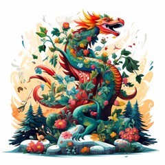 a colorful dragon with flowers and leaves