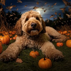 a dog lying in field with pumpkins and birds flying around