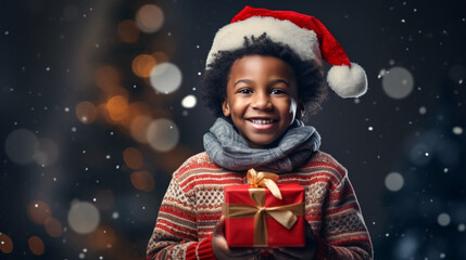 Black african american child with a Christmas present during Christmas time. Little child recieving...