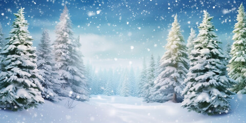 Snowy christmas tree background. Winter forest.