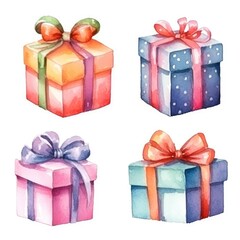 Set of Christmas watercolor hand drawn illustration of colorful gift boxes. Decoration elements for the Christmas holiday