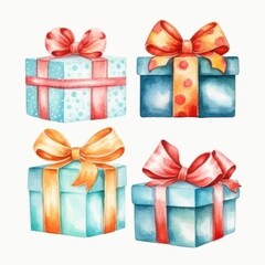 Set of Christmas watercolor hand drawn illustration of colorful gift boxes. Decoration elements for the Christmas holiday