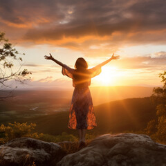 Happy woman on sunset in nature with open hand