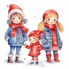 Set of Christmas watercolor hand drawn illustration of happy children in winter clothes. Cute Christmas holiday children