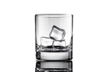 empty glass of ice on reflective surface against white background