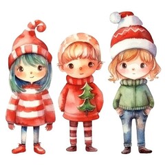 Set of Christmas watercolor hand drawn illustration of happy children in winter clothes. Cute Christmas holiday children