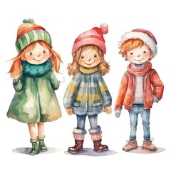 Set of Christmas watercolor hand drawn illustration of happy children in winter clothes. Cute Christmas holiday children