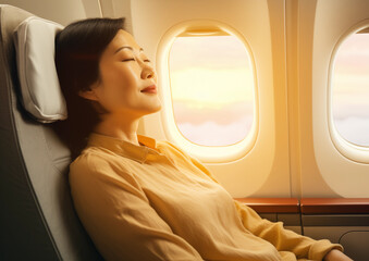 Lifestyle portrait of mature Asian woman passenger sleeping in window seat on airplane long haul...