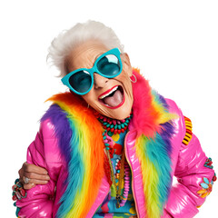  woman in colorful neon outfit, funny sunglasses and extravagant style, laughing and smiling, trendy grandma posing  isolated on transparent background Generative AI