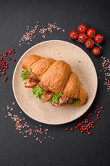 Delicious fresh crispy croissant with chicken or beef meat, lettuce, tomatoes, spices and sauce