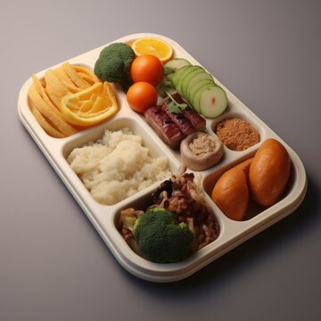 a tray of food on gray surface