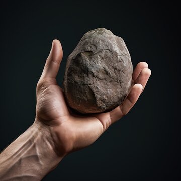 Let him without sin cast the first stone.  A man holds a stone getting ready to throw it. The stone has an image of his face looking back at him. 