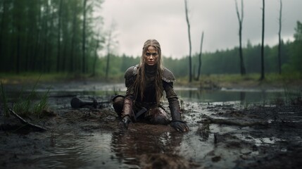 A female warrior in armor could be a queen or a princess after the battle. Tired but ready to fight.  Cinematic photograph and lighting. 