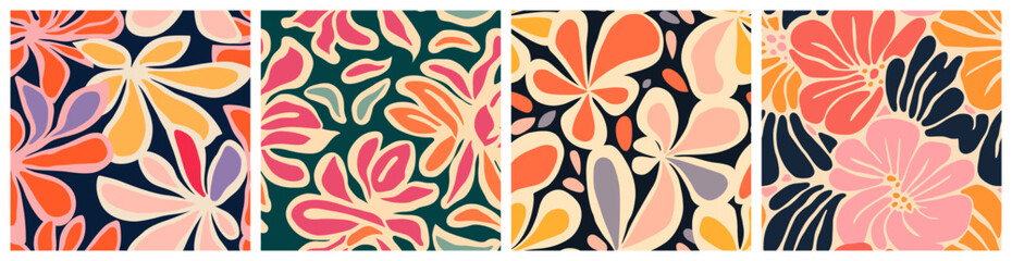 Abstract flower art seamless pattern illustration set. Organic nature floral background collection in vintage style. Spring season decoration texture, drawing print. - obrazy, fototapety, plakaty