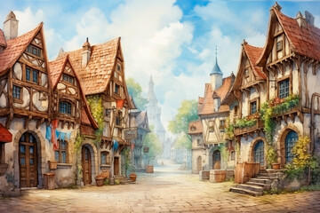 Warm and tidy medieval village town. Landscape background in watercolor style. Postcard concept.