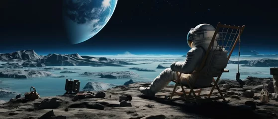 Foto op Canvas Astronaut sitting on a chair and looking at the moon. Astronomy concept. Astronaut concept with a copy space. © John Martin