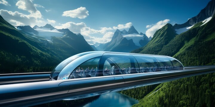 Hyperloop Train Encased in a Glass Tube Soars Across a Mountain Bridge, Marrying Advanced Transportation with the Enchanting Beauty of Mountain Scenery