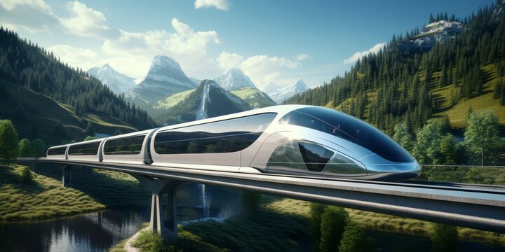 Hyperloop Train Encased in a Glass Tube Soars Across a Mountain Bridge, Marrying Advanced Transportation with the Enchanting Beauty of Mountain Scenery