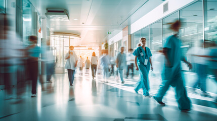 Hospital interior abstract background. Long exposure blurred motion of medical doctors and nurses in a hospital ward walking down a corridor.  - obrazy, fototapety, plakaty
