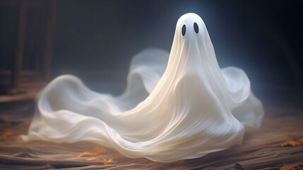A tiny ghost on a wooden floor, whispy and friendly looking. Generated AI.  Halloween ghost. 