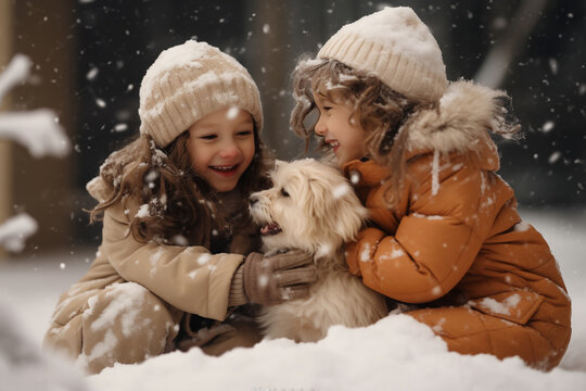 Dos ni&ntilde;as jugando con su perrito bajo la nieve en una m&aacute;gica Navidad