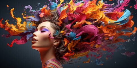 Obraz na płótnie Canvas Colorful Head of a Woman Soars Over Her Laptop Amidst a Whirlwind of Colorful Dust, Symbolizing the Dynamic Convergence of Creative Design, Conceptual Thinking, Marketing Strategy, Business Planning