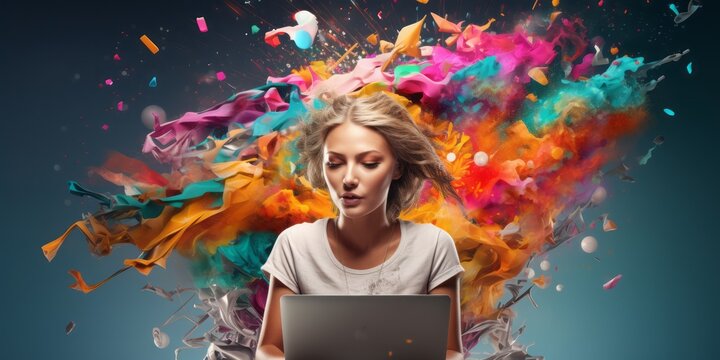  Colorful Head of a Woman Soars Over Her Laptop Amidst a Whirlwind of Colorful Dust, Symbolizing the Dynamic Convergence of Creative Design, Conceptual Thinking, Marketing Strategy, Business Planning