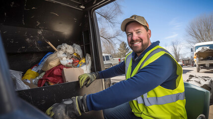 Smiling Male Worker Collecting Garbage in his Truck, Uniformed, City Cleanup Service - obrazy, fototapety, plakaty
