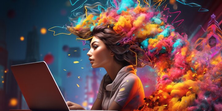  Colorful Head of a Woman Soars Over Her Laptop Amidst a Whirlwind of Colorful Dust, Symbolizing the Dynamic Convergence of Creative Design, Conceptual Thinking, Marketing Strategy, Business Planning