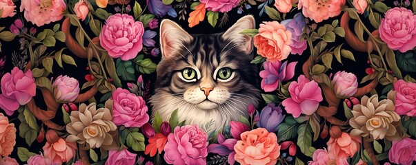 cat and flowers, animal on spring, cute cat on floral background - obrazy, fototapety, plakaty