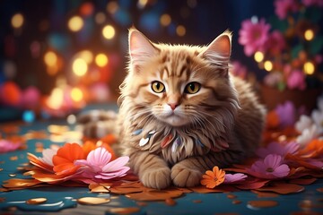 cat and flowers, animal on spring, cute cat on floral background