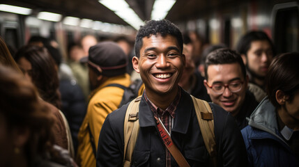 A crowded subway station during the evening rush hour, commuters exchanging weary smiles and nods of acknowledgment amidst the hustle and bustle