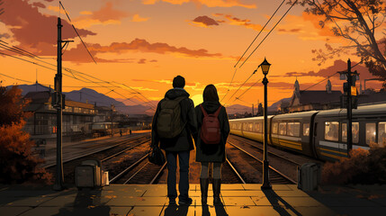 A suburban train station with people saying goodbye to their loved ones before embarking on their daily commute, with warm embraces and pecks on the cheek