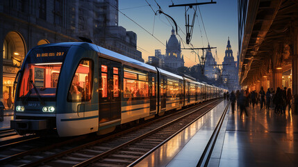 A train platform in the heart of a bustling metropolis, with travelers and commuters rushing to and from their destinations, reflecting the constant motion of city life