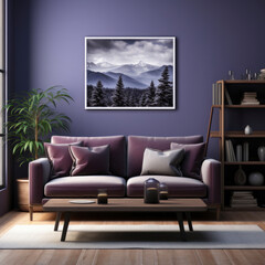 Modern interior with purple sofa, table and picture on wall. Copy space, house design, luxury lifestyle, relax and business concept. Scandinavian style. square