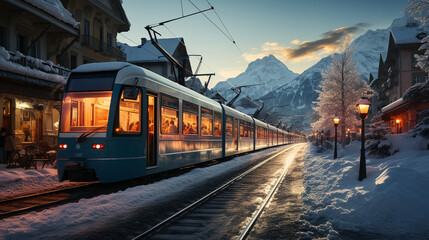 A charming mountain train station, nestled in the heart of snow-covered peaks, where passengers embrace under the tranquil beauty of the winter landscape