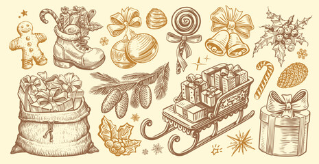 Christmas, New Year set of retro objects. Happy holidays concept in sketch style. Vintage hand drawn vector illustration
