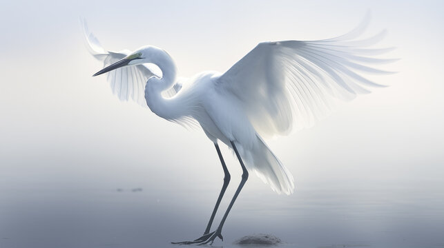An egret with its wings spread on a foggy pond 