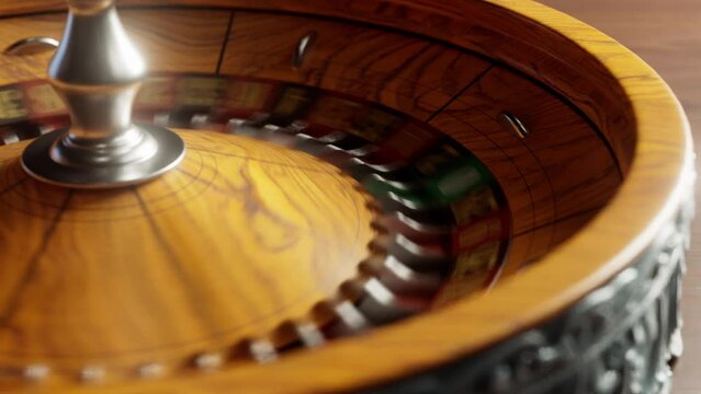 A closeup of a seamlessly looping spinning vintage antique roulette wheel with red and black markers with an ornate base on an isolated background