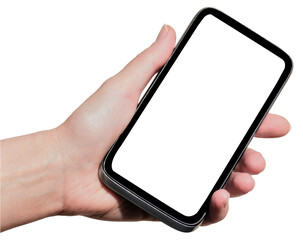 Woman hand holding a smartphone blank white screen. Female holds the modern mobile phone on hands. on transparent, png