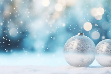 Fototapeta na wymiar blue and white winter background with falling snow and bokeh and christmas balls with space for text, christmas and winter background