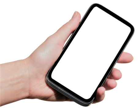 Woman hand holding a smartphone blank white screen. Female holds the modern mobile phone on hands. on transparent, png